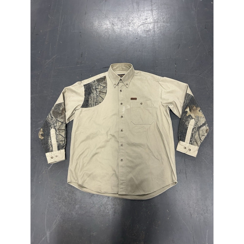 Woolrich Mens Camouflage Button Up Size L Brown Hunting Khaki Hardwood Outdoor